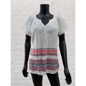 Talbots Petite MP 100% Linen Blouse Striped Short Sleeve Summer Top White Red Bl
